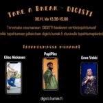 Take a Break -tapahtuman juliste, jossa on kuvat esiintyjistä: Elias Niskanen, PapiPike ja Eeva Vekki